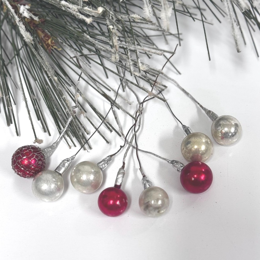 Vintage Silver & Red Glass Christmas Ornaments: Floral or Wreath Decor, Set of 8